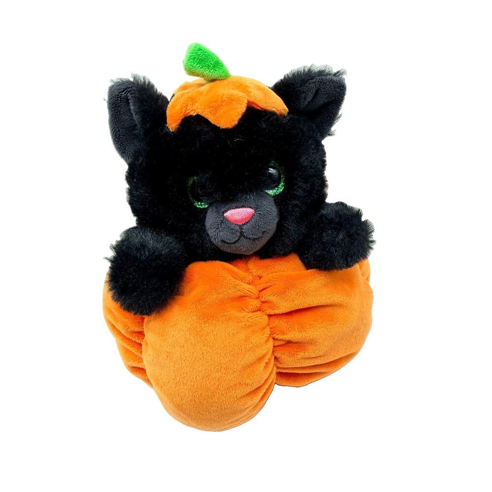 Teddy Mountain Stuffed Black Kitty Cat Pumpkin 8” Plush  Halloween Toy / Decor